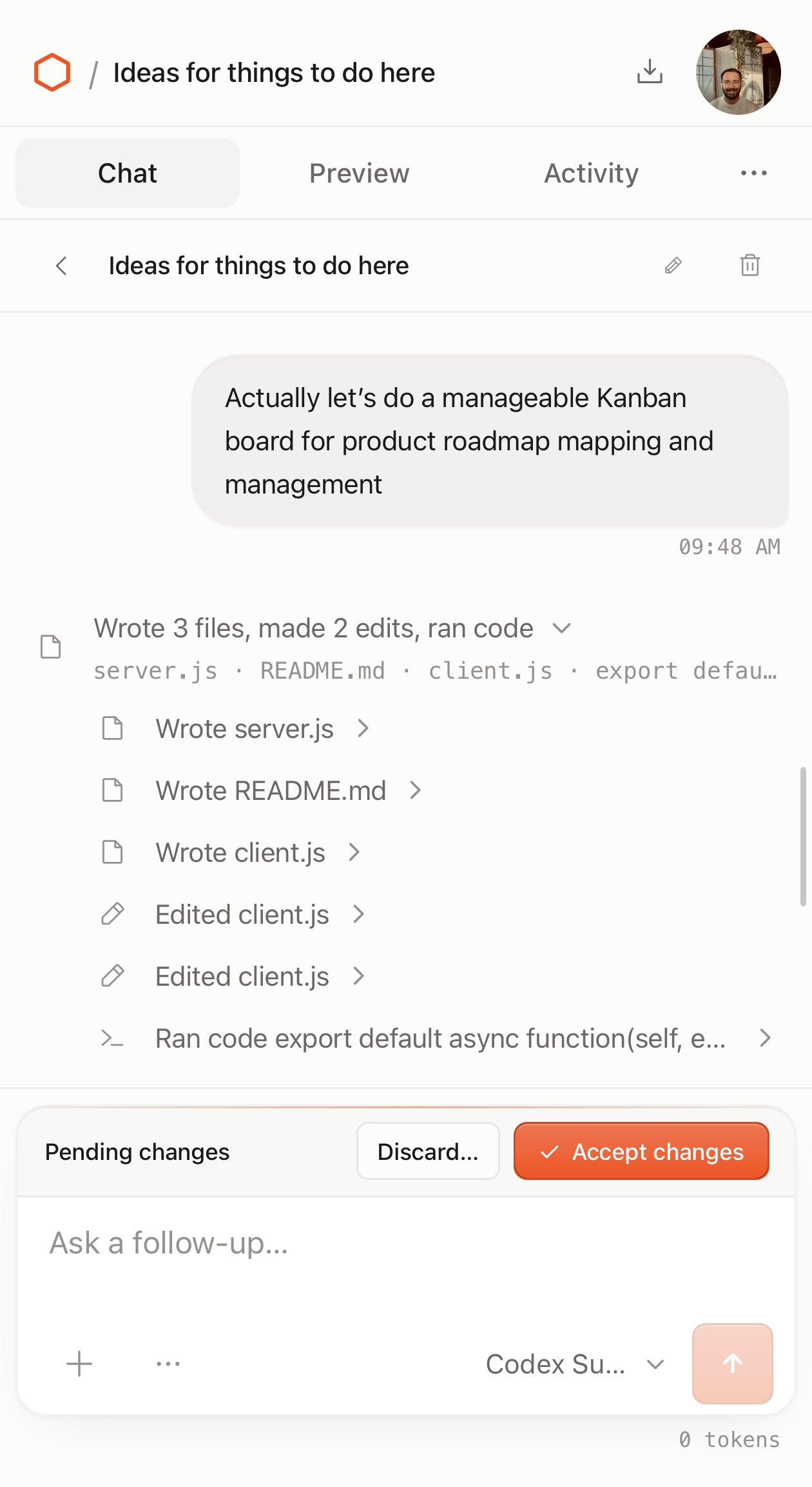 The chat after asking for a Kanban board: the agent wrote server.js, README.md, and client.js, made two edits, and ran the code, with pending changes waiting to be accepted.
