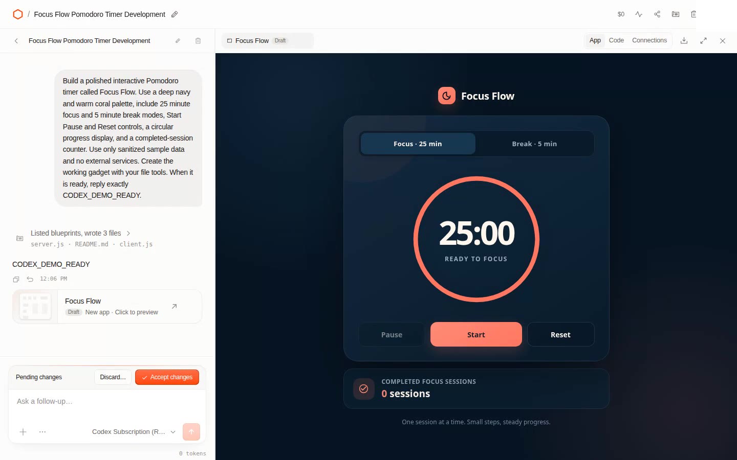 The finished Focus Flow Pomodoro timer: a navy card with Focus and Break modes, a coral 25:00 progress ring, Pause, Start, and Reset buttons, and a completed sessions counter, with the chat on the left showing CODEX_DEMO_READY and pending changes.