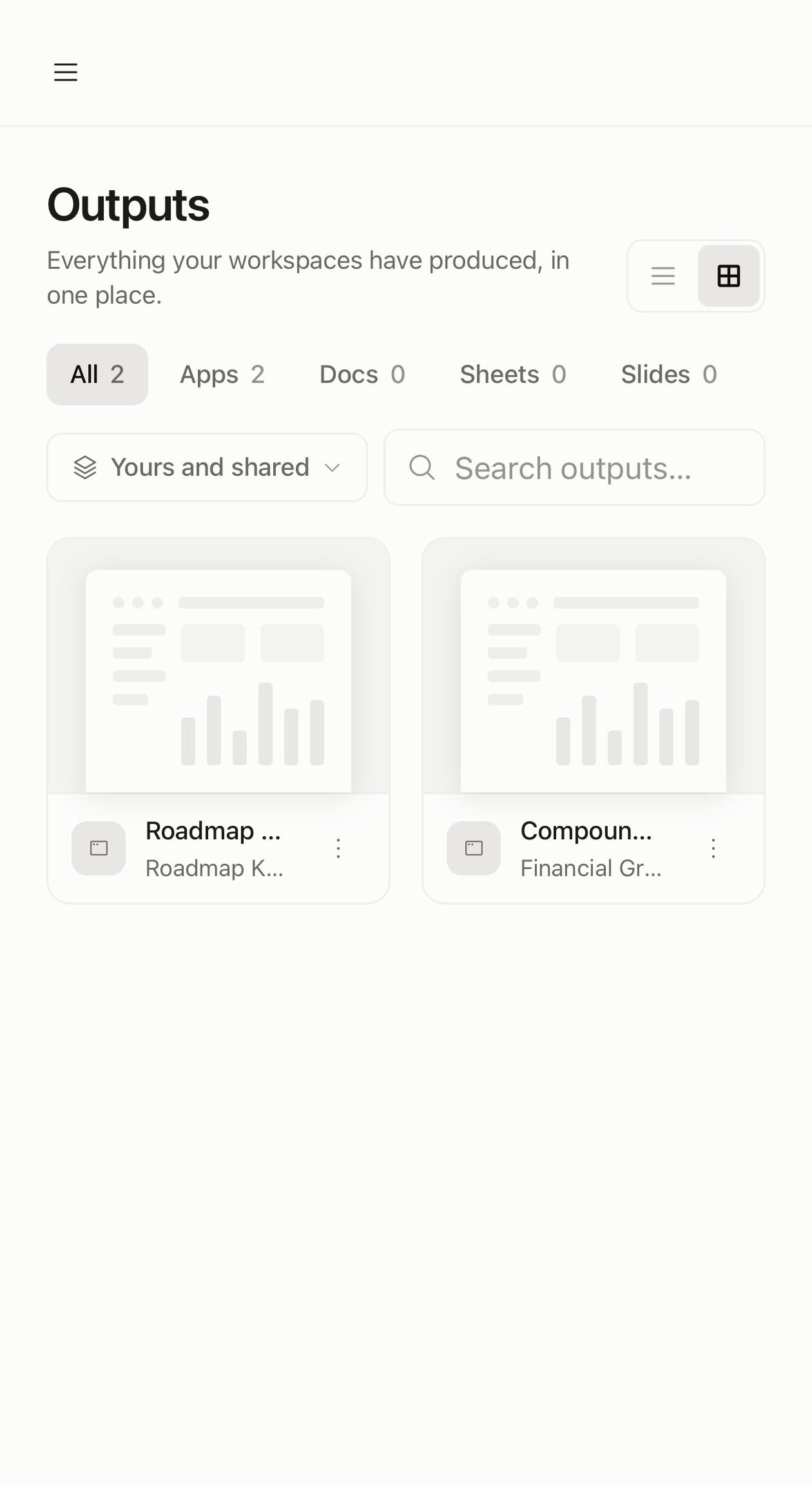 The Outputs page: everything your workspaces have produced, with two apps listed and empty tabs for docs, sheets, and slides.